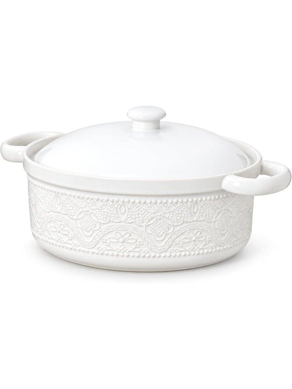 2 Quart Ceramic Casserole Dish with Lid - Bright White Baking Dish for Home